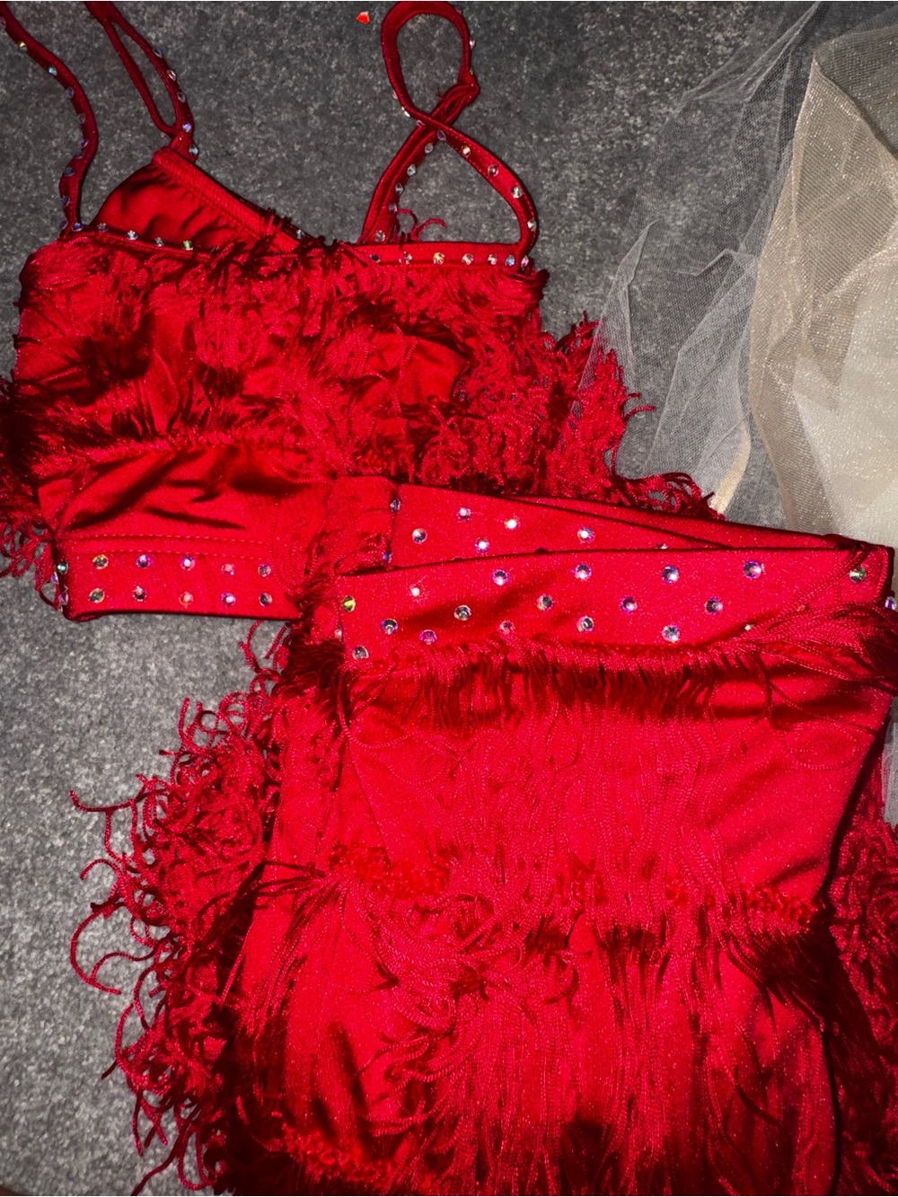 Red fringe-Trim Bralette and pants Set - comp dance